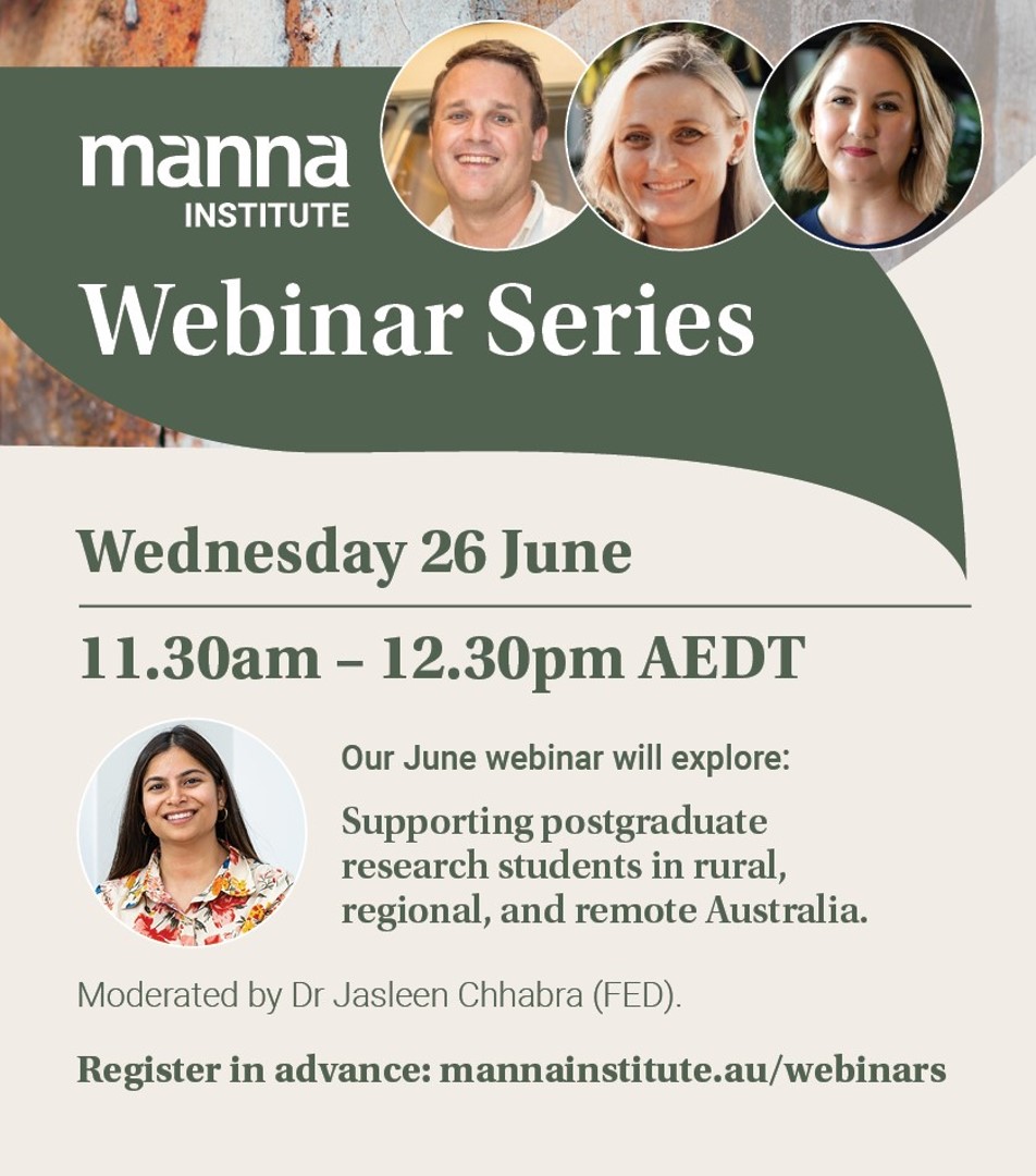 Dan Wadsworth (@drdanwadsworth) on Twitter photo Join me for the latest <a href="/Manna_Inst/">Manna Institute</a> webinar on Weds 26th June (11:30-12:30) when we'll be exploring Supporting #postgraduate research students in #rural, #regional, and remote Australia.
Wednesday 26th June 11:30am-12:30pm
Register in advance: mannainstitute.au/webinars Join me for the latest <a href="/Manna_Inst/">Manna Institute</a> webinar on Weds 26th June (11:30-12:30) when we'll be exploring Supporting #postgraduate research students in #rural, #regional, and remote Australia.
Wednesday 26th June 11:30am-12:30pm
Register in advance: mannainstitute.au/webinars