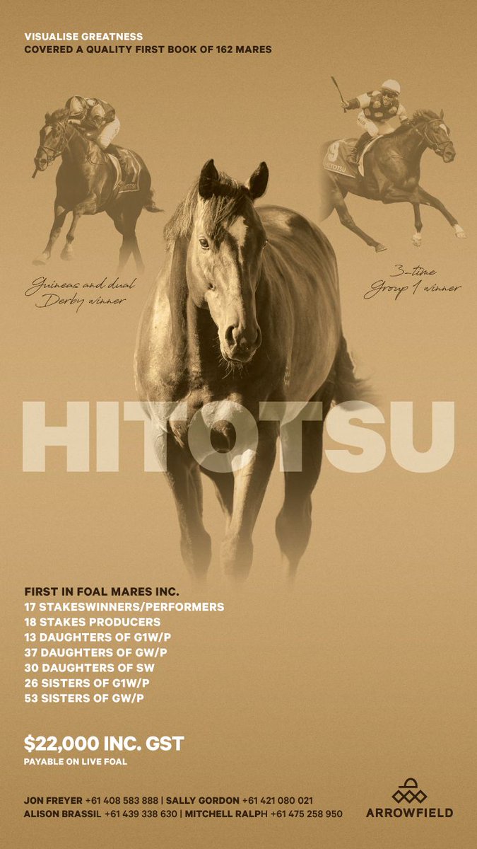 TTRAusNZ's tweet photo. 🏆 Hitotsu 🏆

$22,000 inc. GST
Payable on live foal.

📲 Jon Freyer +61 408 538 888
📲 Alison Brassil +61 439 338 630

@ArrowfieldStud ➡️https://t.co/gfuf7Gv8tN https://t.co/Lr8QGi1lnV
