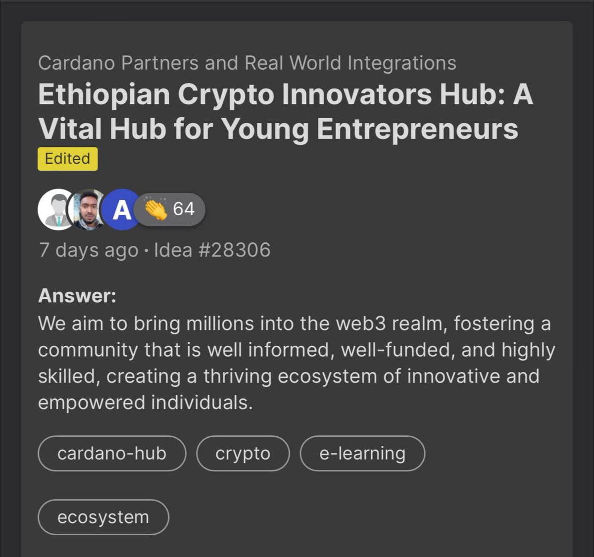 FanosMarkets's tweet photo. We have applied to solidify the already established fanos hub in Ethiopia with the help of top layer 1 in crypto and vibrant community, Cardano

Here are thoughts and rationale on why propose this in the first place, why it is going to be very important for every cardano enthusiasts and how we plan to make it a reality.

Thread time 🧵