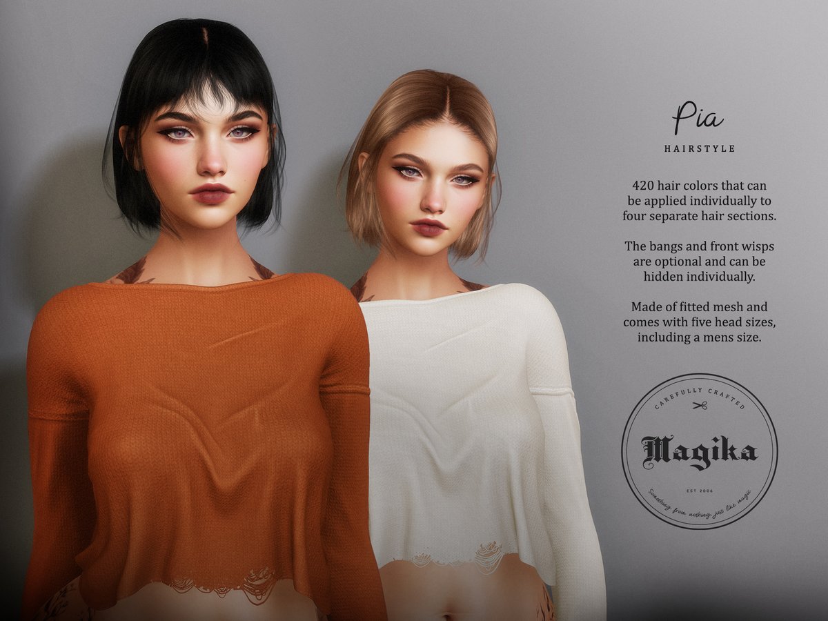 New hairstyle Pia out now at Access. You can also find a little gift in the Magika booth to celebrate the event's birthday, consisting of a set of simple hair clips in a bunch of colors

Event: maps.secondlife.com/secondlife/ACC…

#magika #magikahair #secondlife #secondlifeshopping