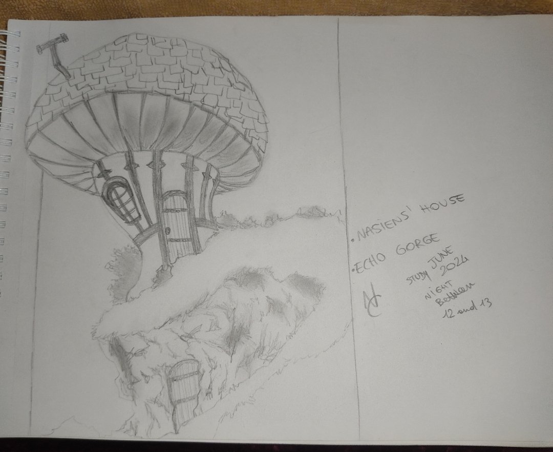 NicaChan91's tweet photo. I couldn't sleep so I grabbed my pencil and started drawing. I wanted to do some studies and ended up sketching Echo Gorge. Here is Nasiens' house! 
#4koa #nnt #Nasiens #EchoGorge #LateNightDrawing https://t.co/6kDGrbIGLG