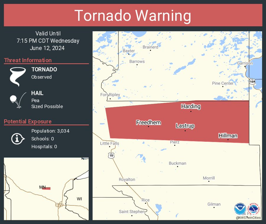 LimWeather's tweet photo. Still going...#TornadoWarning with #Tornado OTG for #Freedhem,#Lastrup,#Hillman,#Harding, #Minnesota! #TakeCover now! #Wxtwitter #SPC #SevereWx #wxx #Hail #Wind #TornadoAlley #MNwx https://t.co/PPGyDadb38
