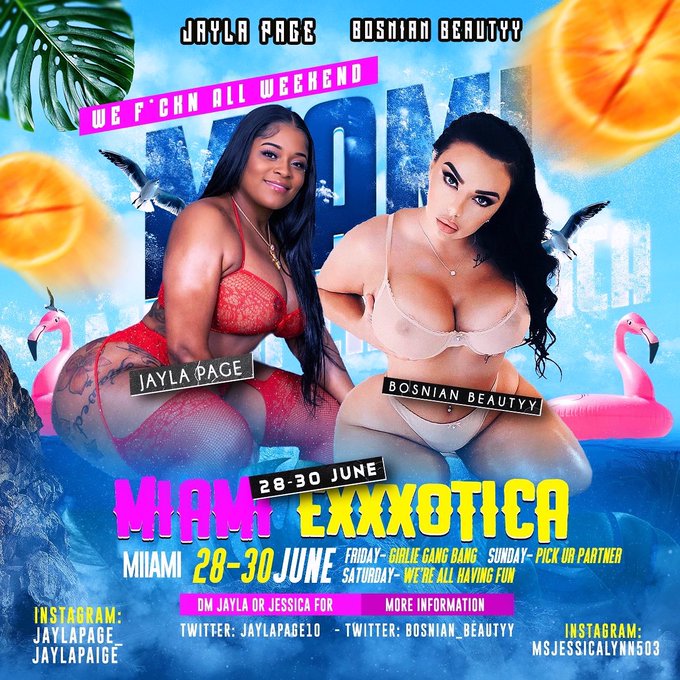 Miamiiii 🫦 coming up very soon! @EXXXOTICA &amp; @JaylaPage10 will have a content Airbnb in two weeks! 28-30<a class="tags" target="_blank" title="On Twitter" href="/?out=eyJ0eXAiOiJKV1QiLCJhbGciOiJIUzUxMiJ9.eyJpYXQiOjE3MjQ1NTQ1NTksImlzcyI6InR3cG9ybnN0YXJzLmNvbSIsIm5iZiI6MTcyNDU1NDU1OSwiZXhwIjoxNzU2MDkwNTU5LCJyZWRpcmVjdF91cmwiOiJodHRwczovL3R3aXR0ZXIuY29tL0VYWFhPVElDQSJ9.A5aOdD3z8lF3I3uXCwBuqafNc_-2m2UJhe3eYo0VCvgJKx_sW_sabMqbREcGWglCJp3tC9484K7rVjDwEr6xXQ">@EXXXOTICA</a><a class="tags" href="/tag/jaylapage10">@jaylapage10</a><a href="/tag/miami"class="tags"><span>#miami</span></a>