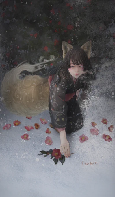 #暑いのでひやっとする絵を貼る 山に自生していない椿の花が落ちている… 「今日はここから入るな…」 山に住む狐の助言。 #過去絵