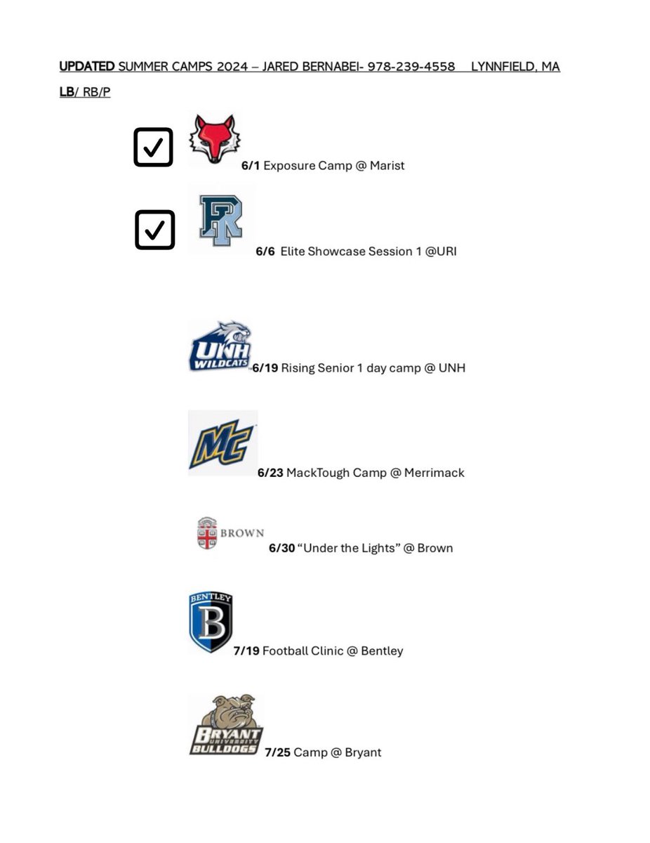 ‼️Here is my updated camp schedule! Can’t wait to compete and showcase my talents ‼️
<a href="/RhodyFootball/">Rhody Football</a> <a href="/Marist_Fball/">Marist Football</a> <a href="/UNH_Football/">New Hampshire Football</a> <a href="/Merrimack_FB/">Merrimack Football</a> <a href="/BrownU_Football/">Brown Bears Football</a> <a href="/FootballBentley/">Bentley Football</a> <a href="/BryantUFootball/">Bryant Football</a> 

<a href="/turf_surfer/">Michael Catania-Mcdonough 🤙🏽</a> <a href="/LHSPioFootball/">Lynnfield High Pioneer Football</a> <a href="/MrLamusta/">Coach Pat Lamusta</a> <a href="/PactPerformance/">Pact Performance</a> <a href="/ScoutNickP/">Coach Nick Pennisi</a>