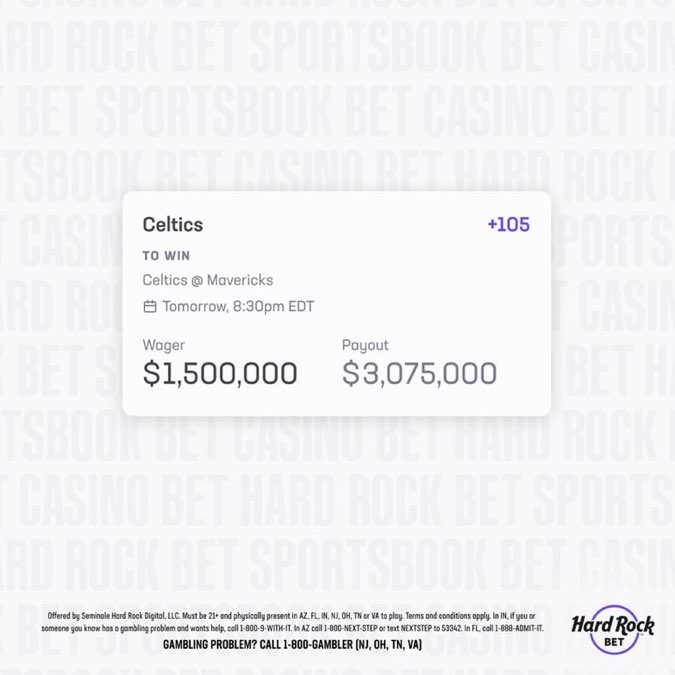 BFawkes22's tweet photo. One Florida bettor at @HardRockBet wagered $1.5 MILLION on the Boston Celtics ML at +105 odds in Game 3 of the #NBAFinals 

Celtics win 106-99 and bettor is $1.575M richer 🤑💵✅ https://t.co/4TXSKVa9QX