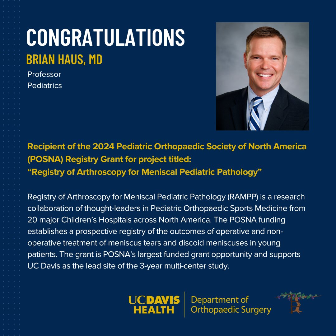 Congrats to Dr. Brian Haus &amp; his research team on being the recipients of the 2024 <a href="/POSNA_org/">POSNA</a> Registry Grant. "The best news is that the funding from the grant will make a huge impact on the lives of children &amp; will set the standard of care for meniscal injuries," - Dr. Haus.