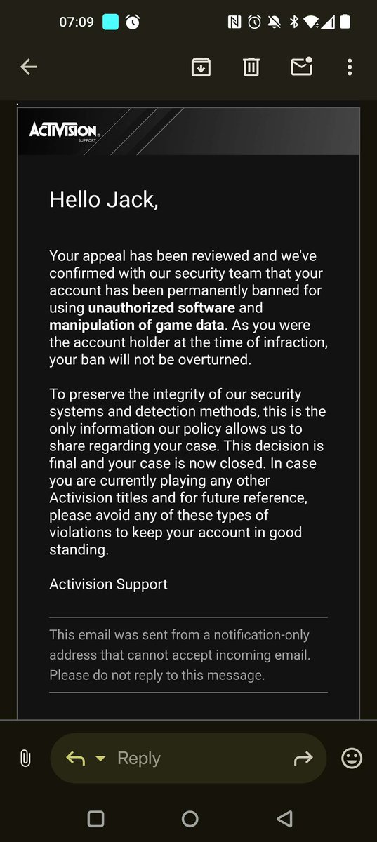 _Kilanyx's tweet photo. @Terry_Miller_Jr @Zombsaddict @yonyfanss @Activision @RavenSoftware Nope, no additional accounts linked, no concern with their account being hacked; they received the following response when they appealed the ban the other day.

Was looking for answers or help but it was useless. But today they're back in as if nothing happened... https://t.co/nR9jAPa5v8