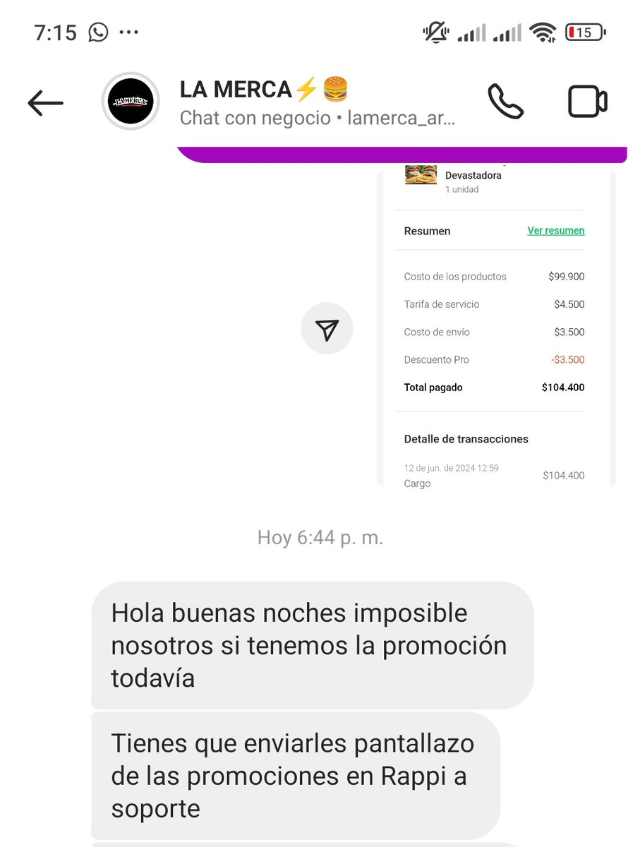 palapius's tweet photo. @RappiColombia @sicsuper señores de @RappiColombia que dice el restaurante que es incorrecta la respuesta que ustedes me dieron, que ellos siguen con la promoción vigente de $49.950.
Entonces los $50.000 se los quedan ustedes? https://t.co/ouWNieFcHC