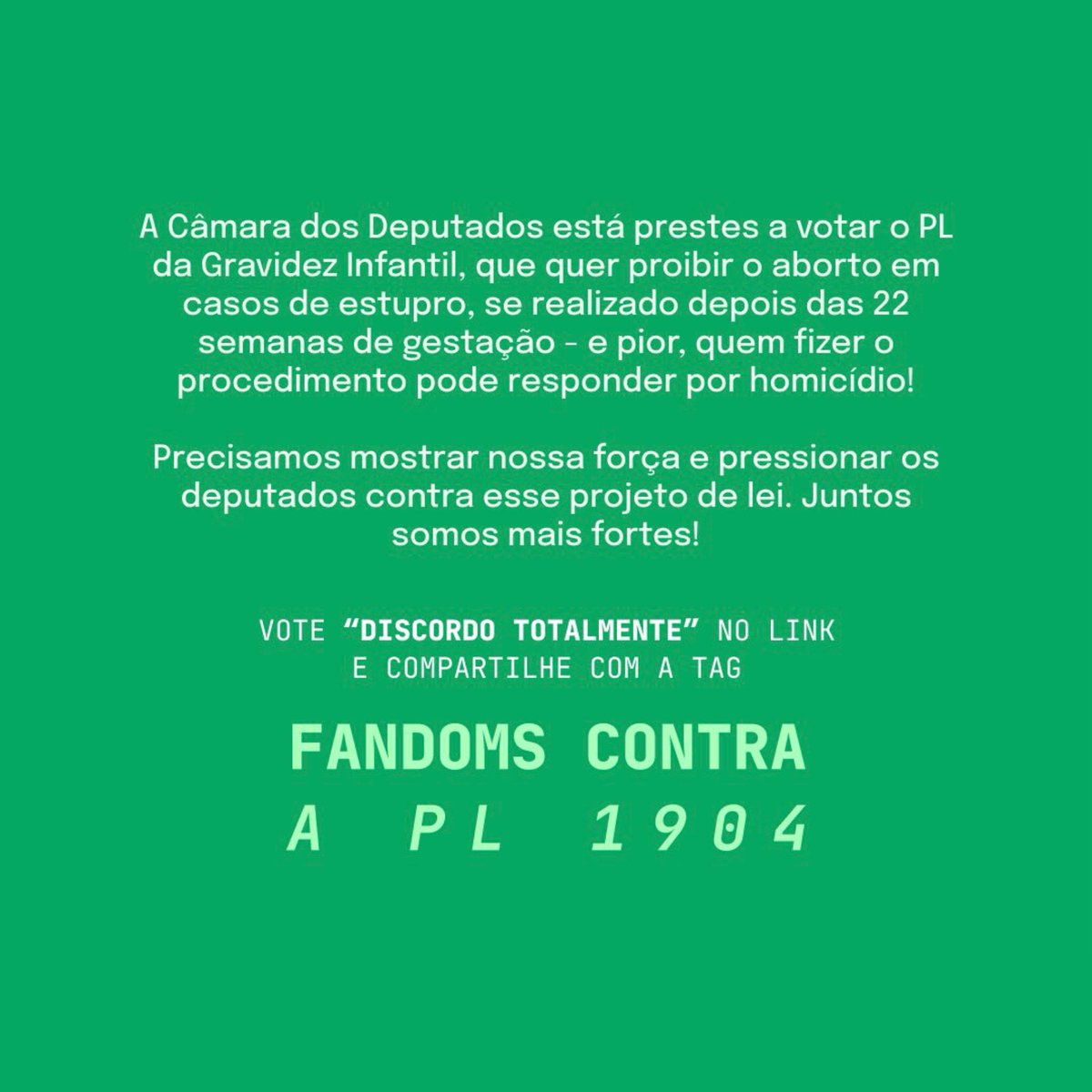 🚨FANDOMS CONTRA A PL 1904  

Uma votação para o projeto de lei que proíbe CRIANÇAS vítimas de est*pro a interromperem a gravidez, foi aberta no site da Câmara dos Deputados e precisa ser freada!

Votem em "DISCORDO TOTALMENTE": bit.ly/camaravote
