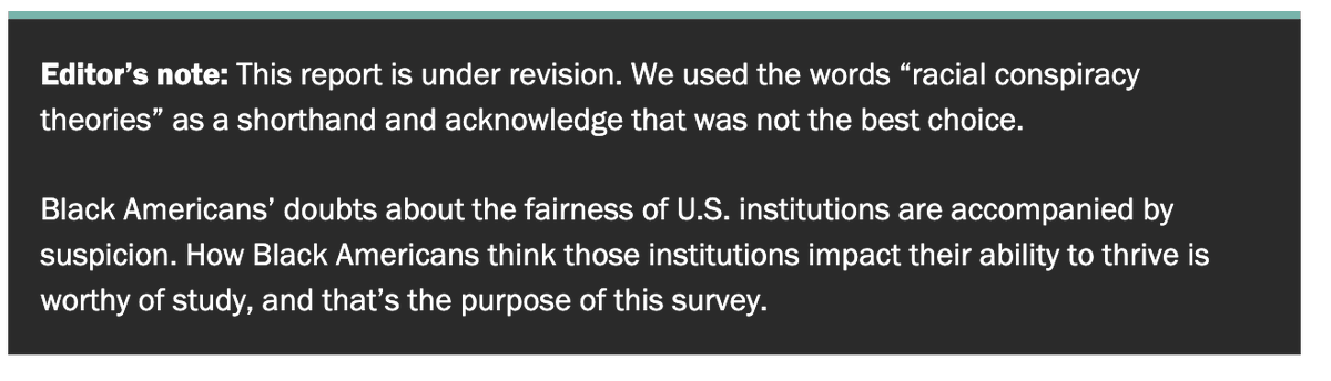uche_blackstock's tweet photo. IMPORTANT update to @pewresearch report: "Most Black Americans Believe Racial Conspiracy Theories About U.S. Institutions". Thank you to @JustLeadersUSA's push-back on the use of  "racial conspiracy theories" to describe how Black Americans feel re: untrustworthy US institutions. https://t.co/cwDgR5GyW5