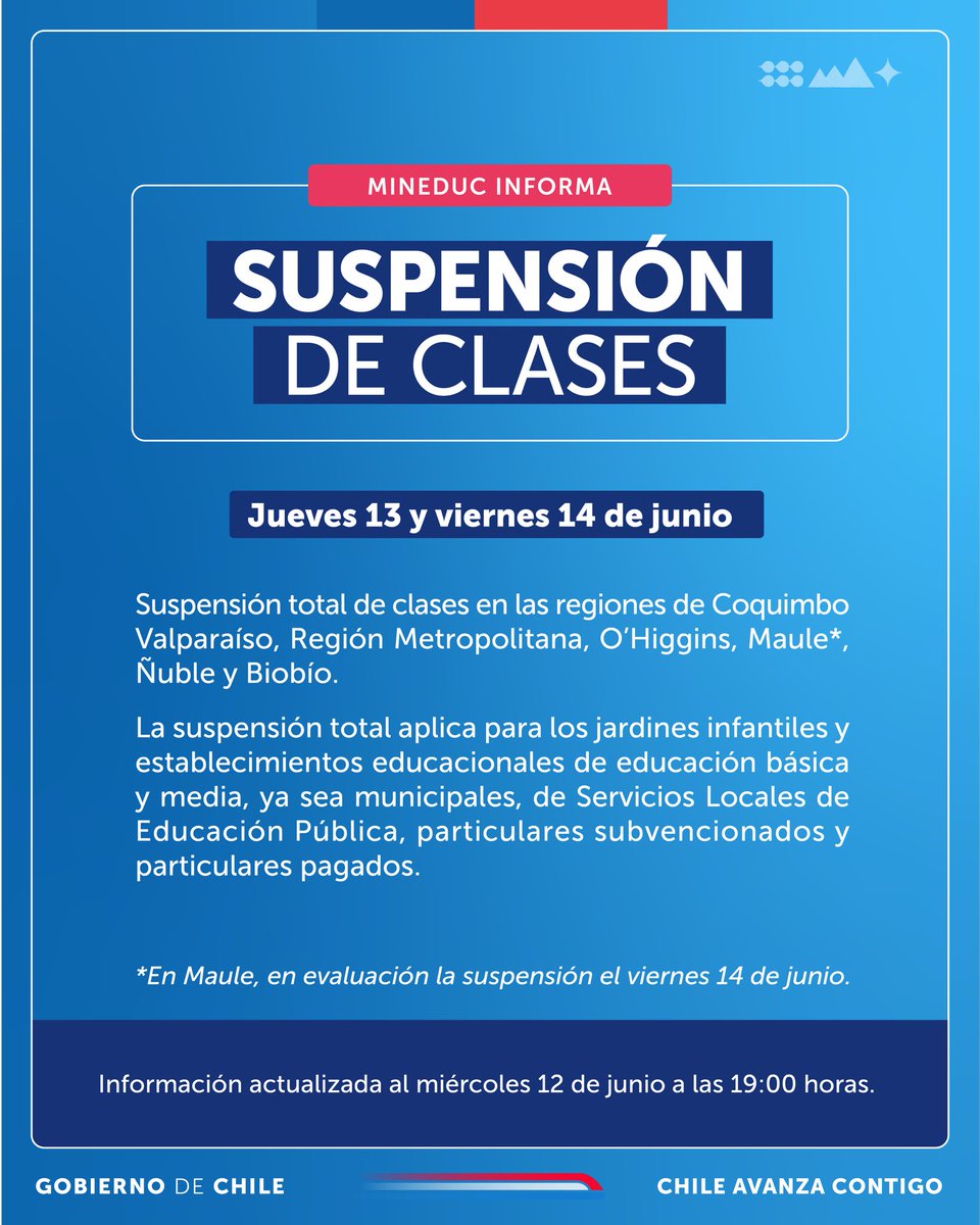 🚨Siete regiones suspenden sus clases de manera total debido al sistema frontal. La suspensión aplica desde la educación parvularia hasta la educación media, en todas las dependencias.