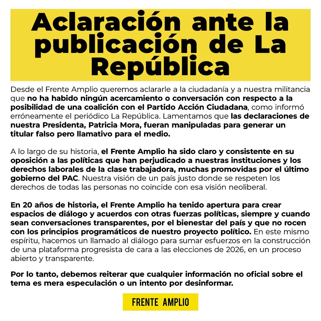 Desde el <a href="/FrenteAmplio/">Frente Amplio - Costa Rica 🇨🇷</a> reiteramos que no hemos sostenido ningún acercamiento con otras agrupaciones como han indicado algunos medios de comunicación. 
Sin embargo, sí reiteramos nuestro compromiso de impulsar con otros sectores progresistas una agenda común de justicia social.