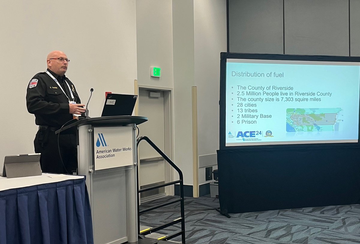 RivCoReady's tweet photo. Emergency Management Program Supervisor Eric Cadden presented to numerous attendees from across the nation on fuel planning during a catastrophic event at the American Water Works Association Conference.  For tips on preparedness, visit: https://t.co/wYeaRIyfWh https://t.co/fCpw0ORla6