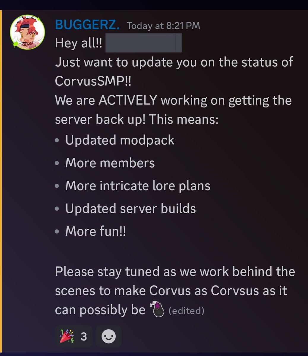 CorvusSMP's tweet photo. If you aren't apart of the CorvusSMP public Discord server.

Allow me to send this on behalf of Bug, and with the help of the CorvusSMP moderators behind the scenes. 

I hope you are ready for a new dawn ;) -♠️ https://t.co/uiEMrEa1xL