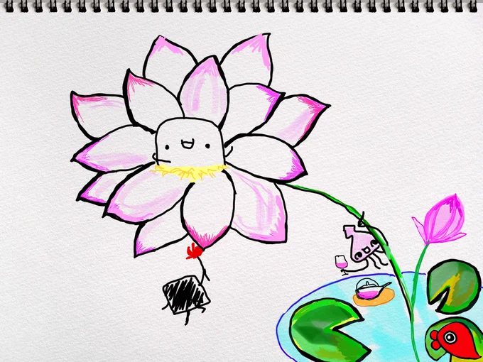 ひょーせんさんちの蓮っ花がさいた噂をききつけて、ことしもさっそく初乗りにきたようかんです