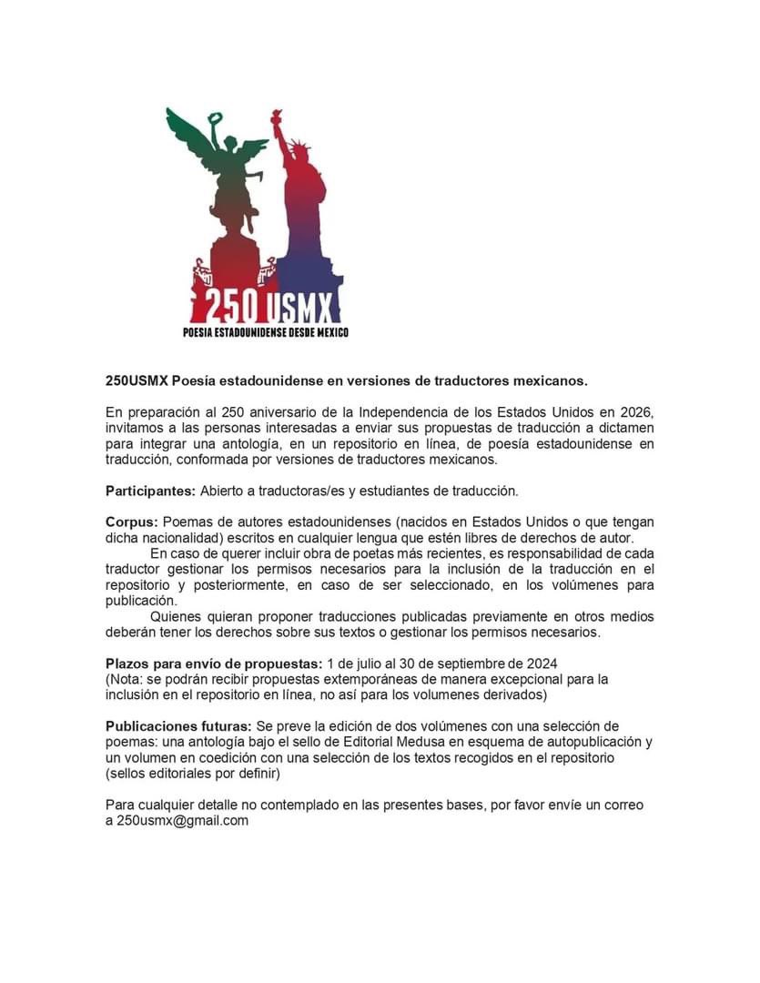 No pierdan la oportunidad de formar parte de la Antología de Traducción de Poesía Estadounidense. Durante estas tres primeras semanas, se recibirán propuestas de los miembros de Ametli y más adelante estará abierta a quien quiera participar.