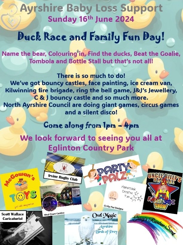 OMG!!! It's nearly the weekend! We are busy getting all our ducks in a row, ready for the race 🦆🦆 

We are delighted so many amazing people are joining us! Thank you all!

#ABLS #AyrshireBabyLossSupport #Duckrace #Familyfunday2024
