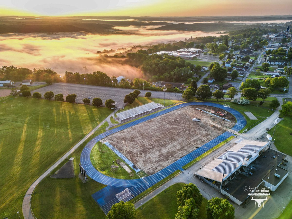 Another beautiful morning in Clarion!!  A little fog on the river.  Football stadium field isn’t quite ready for play.  It’s gonna be awesome!  Let’s GO!!