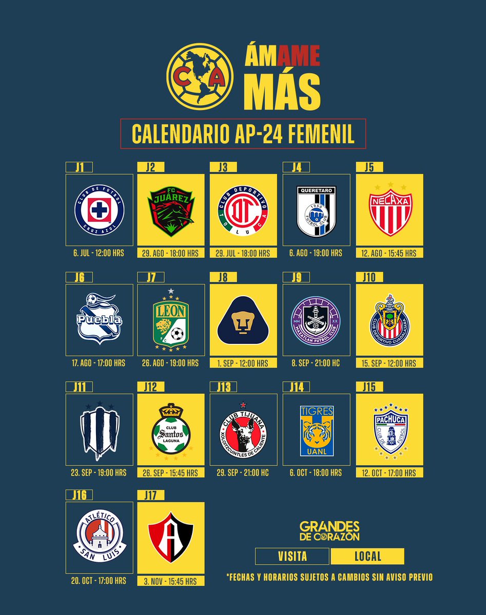 ¡Vamos juntas! 🚀✨

Nuestro calendario del Apertura 2024 está listo, ¡nos vemos en las canchas! 🤩