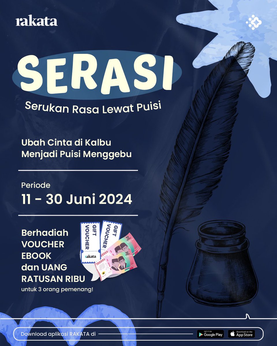 rakatadotid's tweet photo. Teruntuk kamu yang suka berpuisi, mari merapat di SERASI 🤓📝

Kali ini MinRa mau mengajak TemanKata untuk berkarya sekaligus mengekspresikan rasa lewat puisi, nih~ 

Tertarik untuk ikutan SERASI? Yuk, simak postingan MinRa berikut ini 🤩✨

#lombapuisi
#puisi
#SERASICintaRakata https://t.co/DaZBAjz8FR