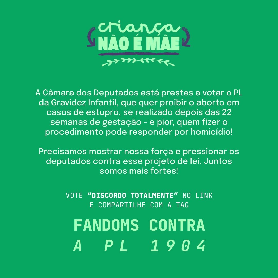 ADORE_SVTBR's tweet photo. 🚨 ATENÇÃO CARAT's! 

— Foi aberta uma votação sobre um projeto de lei que equipara o aborto ao crime de homicídio, mesmo nos casos atualmente permitidos pela legislação.

Votem em "DISCORDO TOTALMENTE" no link a seguir:

🔗: https://t.co/AKGJW9JjuA

#CriançaNãoÉMae 
FANDOMS CONTRA A PL 1904