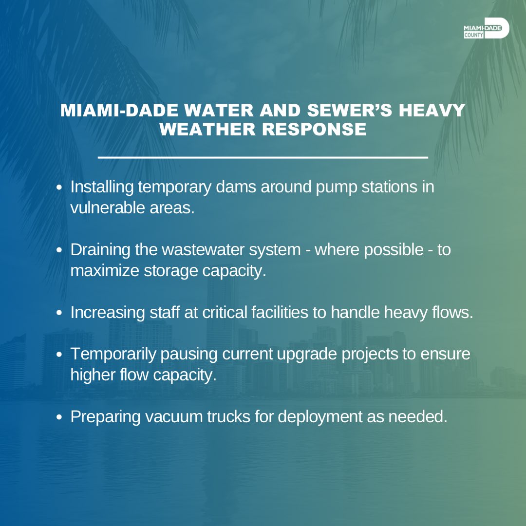 MiamiDadeWater's tweet photo. While #MiamiDadeWater continues to operate at full capacity during this ongoing extreme rain event, rain and flood waters being introduced to our County’s wastewater collection system is causing significantly larger flows at our three wastewater plants. https://t.co/9jAWr7TTDl