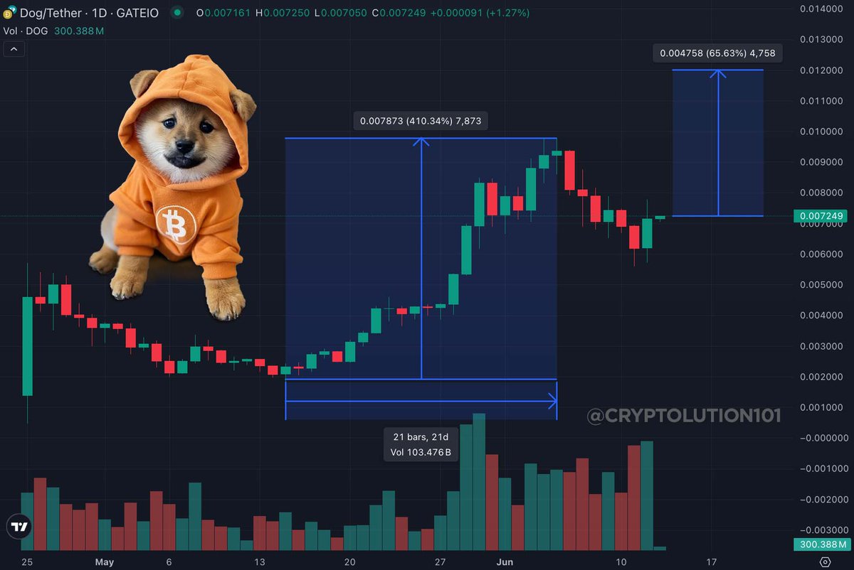 cryptolution101's tweet photo. In 21 days, $DOG gained 410% from ATL to ATH. 

We are only 65% from $1.2B market cap (my prediction). https://t.co/eq09GjFSXe