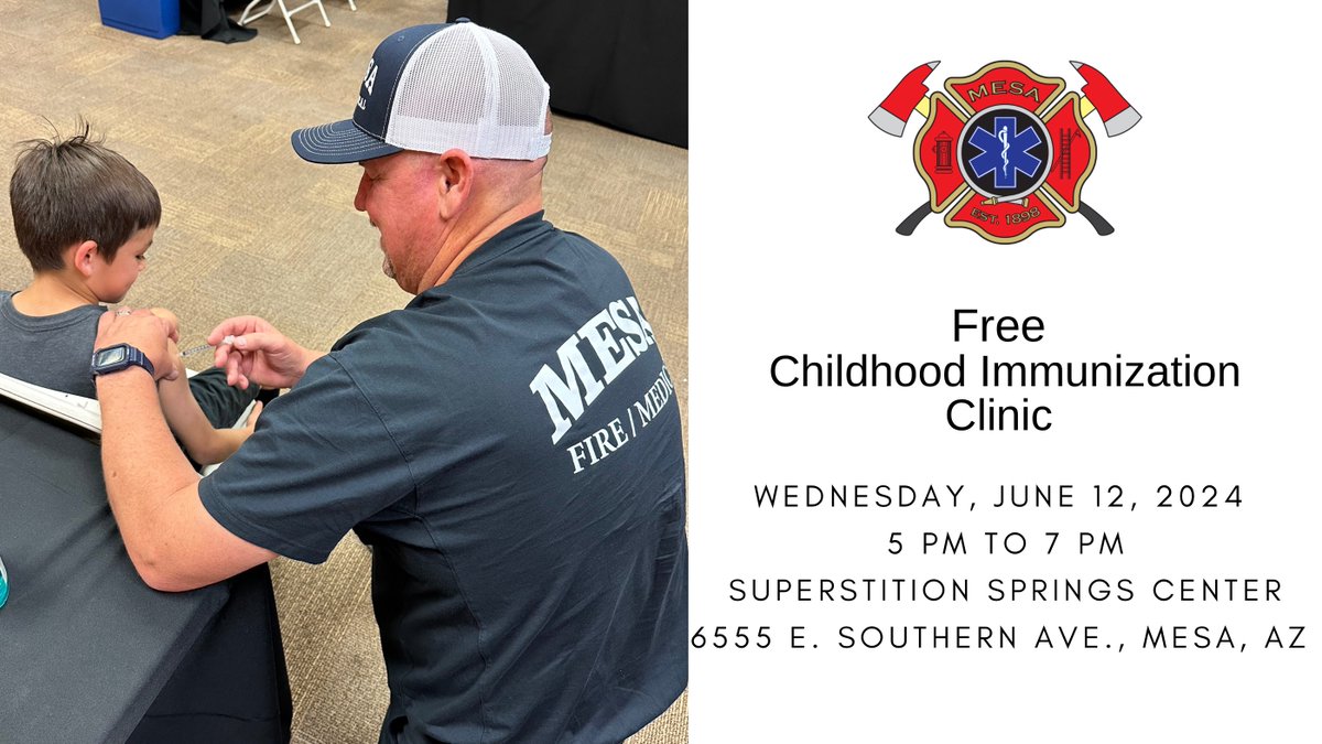 Happening now! Our free monthly childhood (birth-18 yrs) immunization clinic (today), Wed., 6/12/24, Superstition Springs Ctr (6555 E. Southern Ave.), 5-7 PM. Eligibility requirements, what to bring, &amp; which vaccines are available 👉🏽  my.mesaaz.gov/3xlkrvK No appts. necessary.