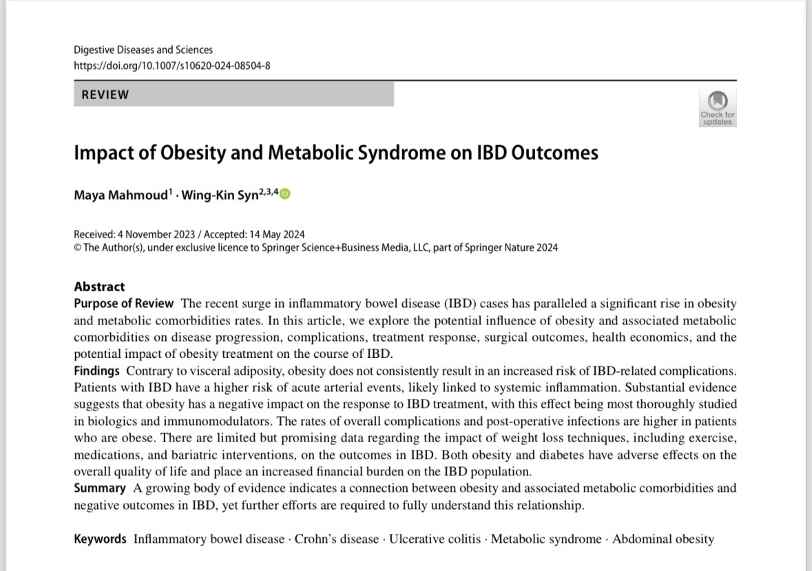 Mayamahmoud (@mayamhmoud) on Twitter photo Fresh off the press, our precious piece of art published in <a href="/DDS_Journal/">Digestive Diseases and Sciences</a>! This comprehensive review summarizes the available evidence on metabolic syndrome/obesity and IBD!
Learn more on: pubmed.ncbi.nlm.nih.gov/38864929/
<a href="/im_slu/">SLU Internal Medicine Residency</a> <a href="/SLUgastro/">SLU Gastroenterology & Hepatology</a> Fresh off the press, our precious piece of art published in <a href="/DDS_Journal/">Digestive Diseases and Sciences</a>! This comprehensive review summarizes the available evidence on metabolic syndrome/obesity and IBD!
Learn more on: pubmed.ncbi.nlm.nih.gov/38864929/
<a href="/im_slu/">SLU Internal Medicine Residency</a> <a href="/SLUgastro/">SLU Gastroenterology & Hepatology</a>