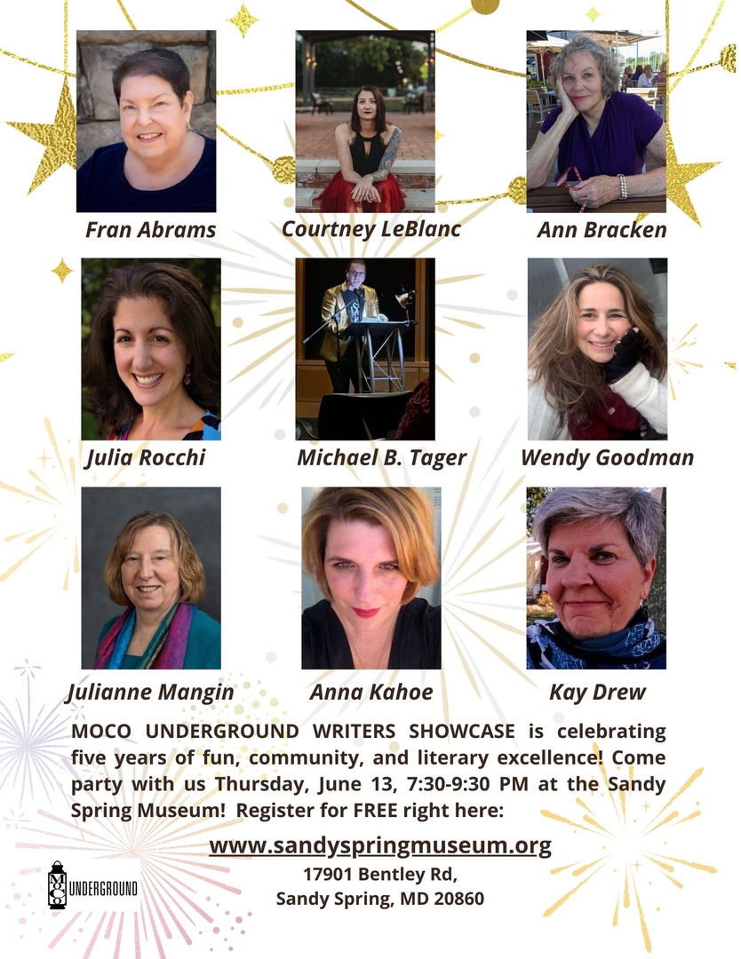 TOMORROW: Join me <a href="/MoCoUndergroun1/">MoCoUnderground</a>'s 5-year bash on 6/13, 7:30pm at <a href="/SSMuseum/">Sandy Spring Museum</a>! I and 8 other fab writers will be reading, selling/signing books, and providing you a great *free* evening of literary entertainment. Register for your free tickets: ci.ovationtix.com/36765/producti…