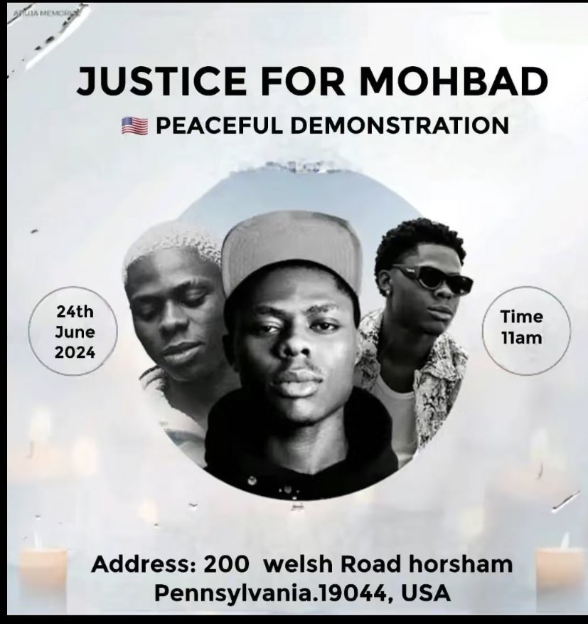 Justice_Mohbad's tweet photo. Join our peaceful demonstration in Pennsylvania, USA, to demand the authenticity of Mohbad's toxicology report. 

DATE: 24th June, 2024
TIME: 11:00 AM
ADDRESS: 200 Welsh  Road, Horsham, Pennsylvania, USA 🇺🇸 https://t.co/ty7k3NN521
