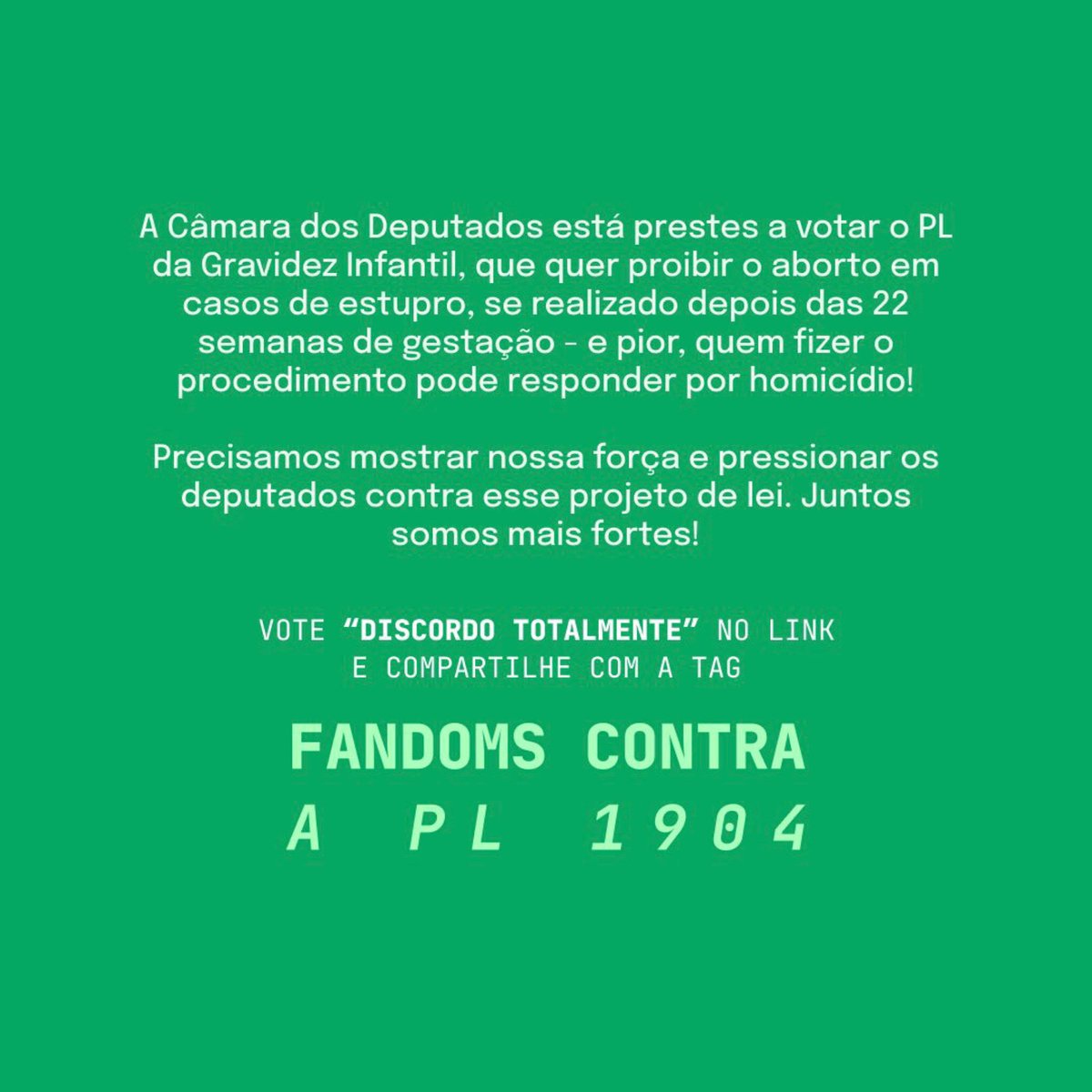 🚨CRIANÇA NÃO É MÃE 

FANDOMS CONTRA A PL 1904

📌:
camara.leg.br/enquetes/24344…