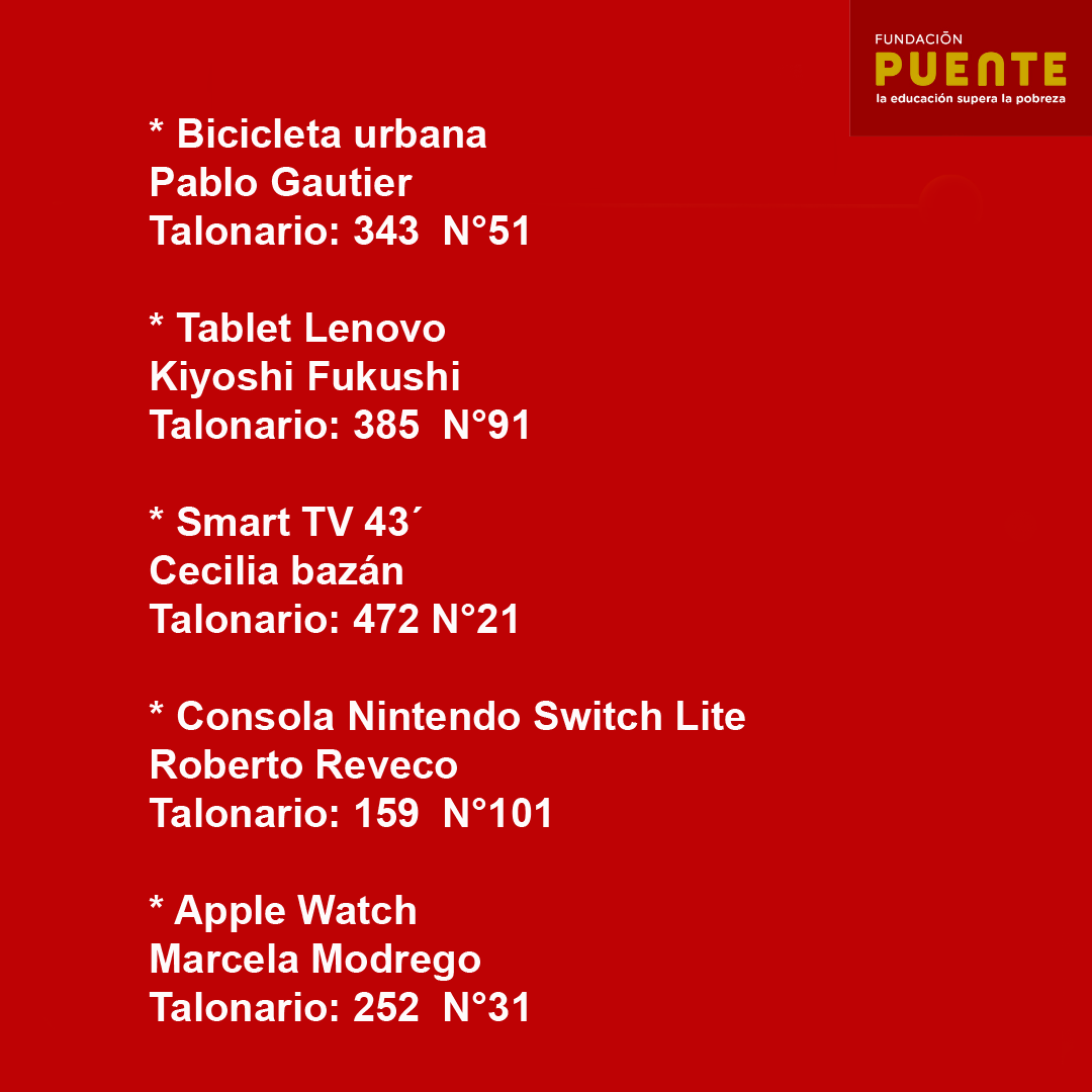 Nos alegra dar a conocer los nombres de quienes ganaron premios en el sorteo de nuestra Rifa Solidaria Gracias por participar y ¡Jugársela por los jóvenes:! 
Los ganadores serán contactados por el equipo de nuestra fundación para coordinar la entrega de premios
#FundacionPuente