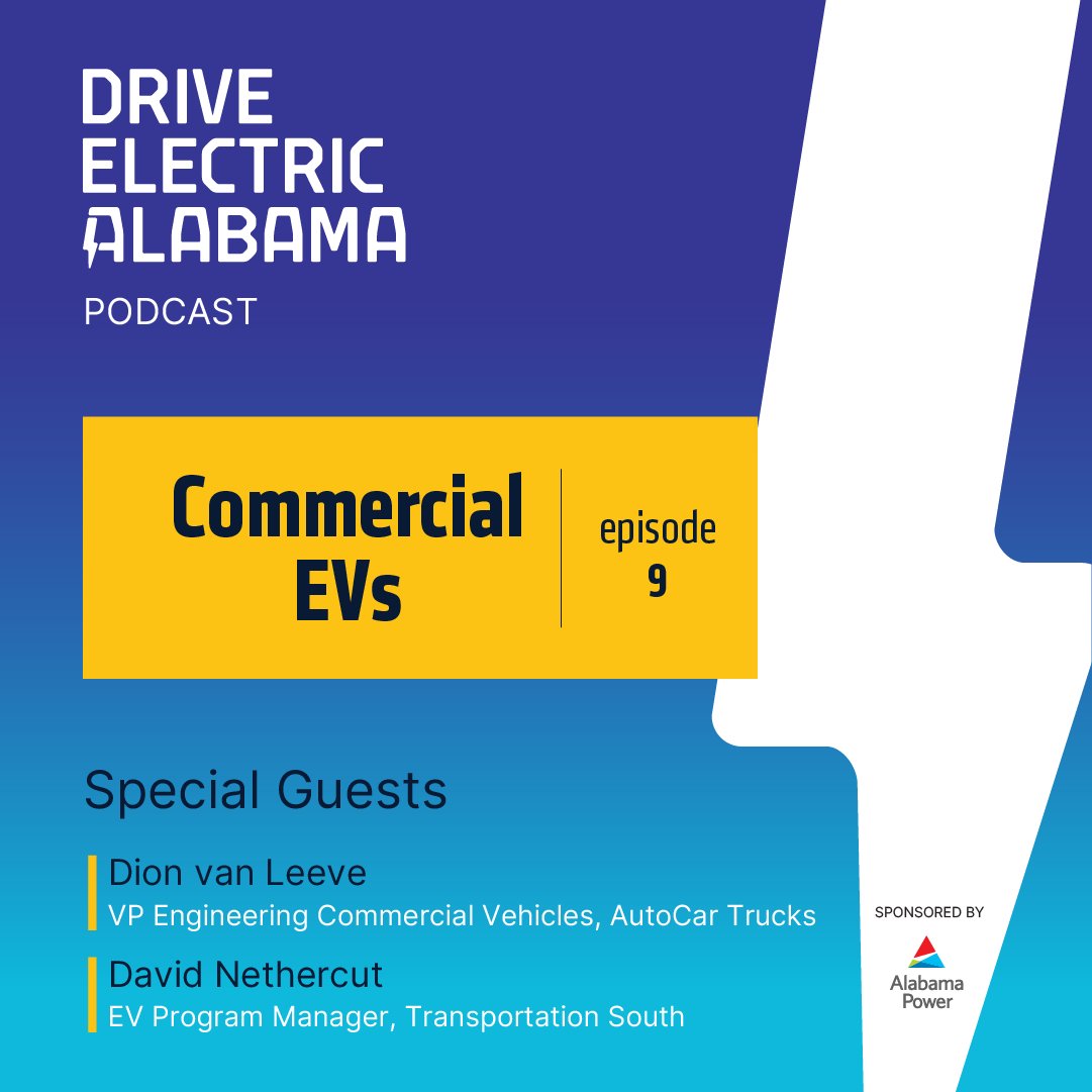 DriveEVAlabama's tweet photo. Are you subscribed yet to the #DriveElectricAlabama podcast? Today's episode focuses on how the EV transition is moving beyond the personal automobile. In Fact, EVs are making great strides in the commercial vehicle space. Listen:  https://t.co/SmwCEoE5n1 https://t.co/oj9nWftpaK