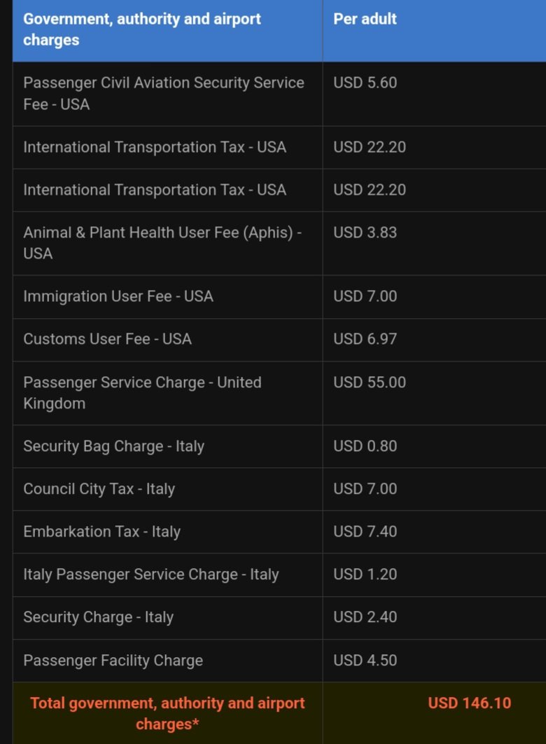 SteveHoffenberg's tweet photo. Booked a flight from the US to Italy, with a connection in London. Here's a list of all the taxes and fees added to the ticket price: https://t.co/ikkf6BAoCX