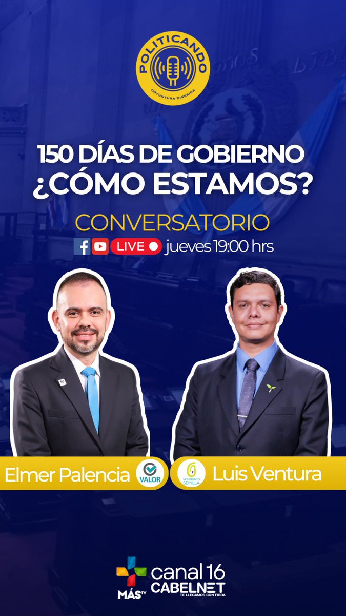 Mañana en <a href="/politicandogua/">Politicando Guatemala</a> tendremos el gusto de platicar con <a href="/elmer_palencia/">Elmer Palencia 🇬🇹</a> y <a href="/luisvengt/">Luis Enrique Ventura</a> respecto a sus análisis de los primeros 150 días de gobierno. 

¿Qué te gustaría preguntarles? 👇🏼 👇🏼 te leeremos en vivo 🙏🏼 

Presentadores: <a href="/BrianMoralesD/">Brian Elí Morales</a> y <a href="/juanfer97/">Fernando Sibrian</a>