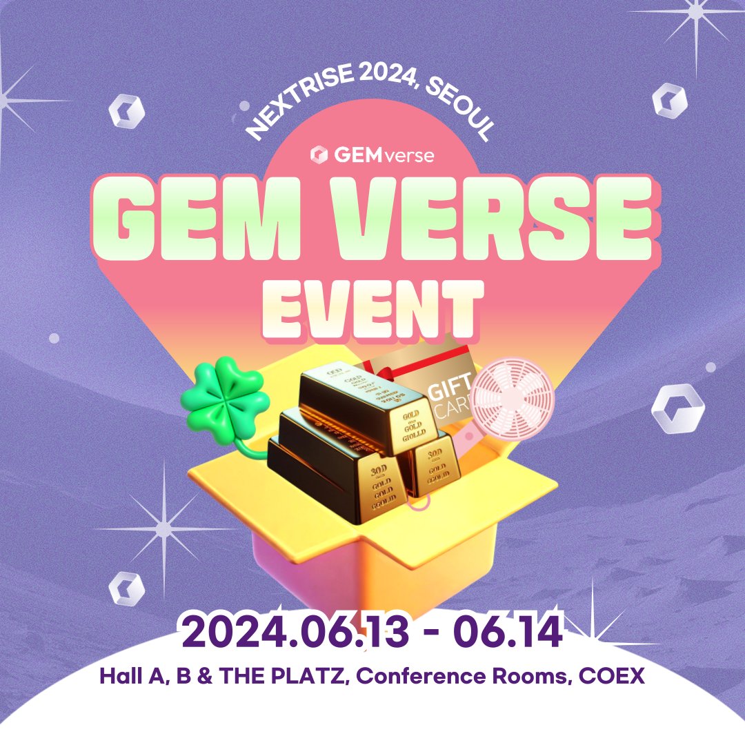 gem_zeitgeist's tweet photo. Join the GEM Verse event and win prizes!🎁
Experience the upcoming GEM Verse at the pop-up booth and get various benefits after participating in the event!
More detail🔽
https://t.co/efbZ83tnYR
#nextrise #넥스트라이즈 #coex #코엑스 #Startup #스타트업 https://t.co/uoapOYjfu5