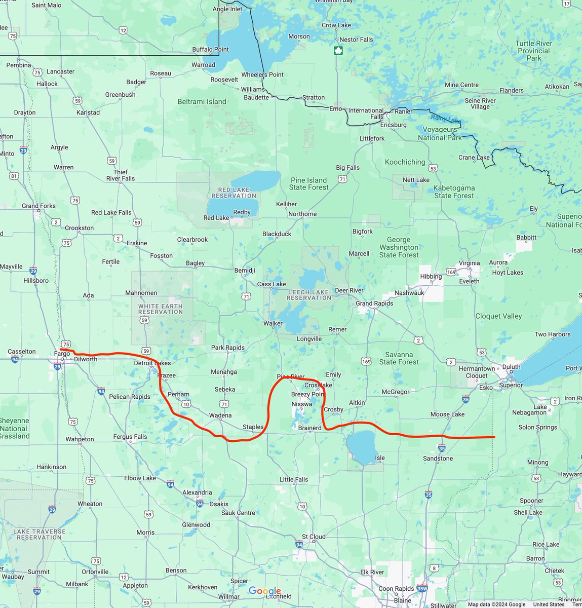 kpottermn's tweet photo. Counterpoint: Up north is as much cultural as geographic and thus cannot be divided in a straight line. 

-"North" along 35 occurs somewhere around Moose Lake. I know it in my heart
-Mille Lacs &amp; Brainerd lakes aren't north ... but Crosby &amp; Aitkin are
-Moorhead &amp; DL aren't north https://t.co/cxOHTwyAWG
