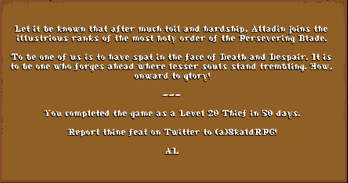true_meliphas's tweet photo. @SkaldRpg Thanks for the wild ride!  Hard mode victory, and can't wait to go back for the things I missed.  The story is heart wrenching and superb.  The right taste of retro with a modern touch in a Grimdark Fantasy world! https://t.co/ZVBxVG2cA1