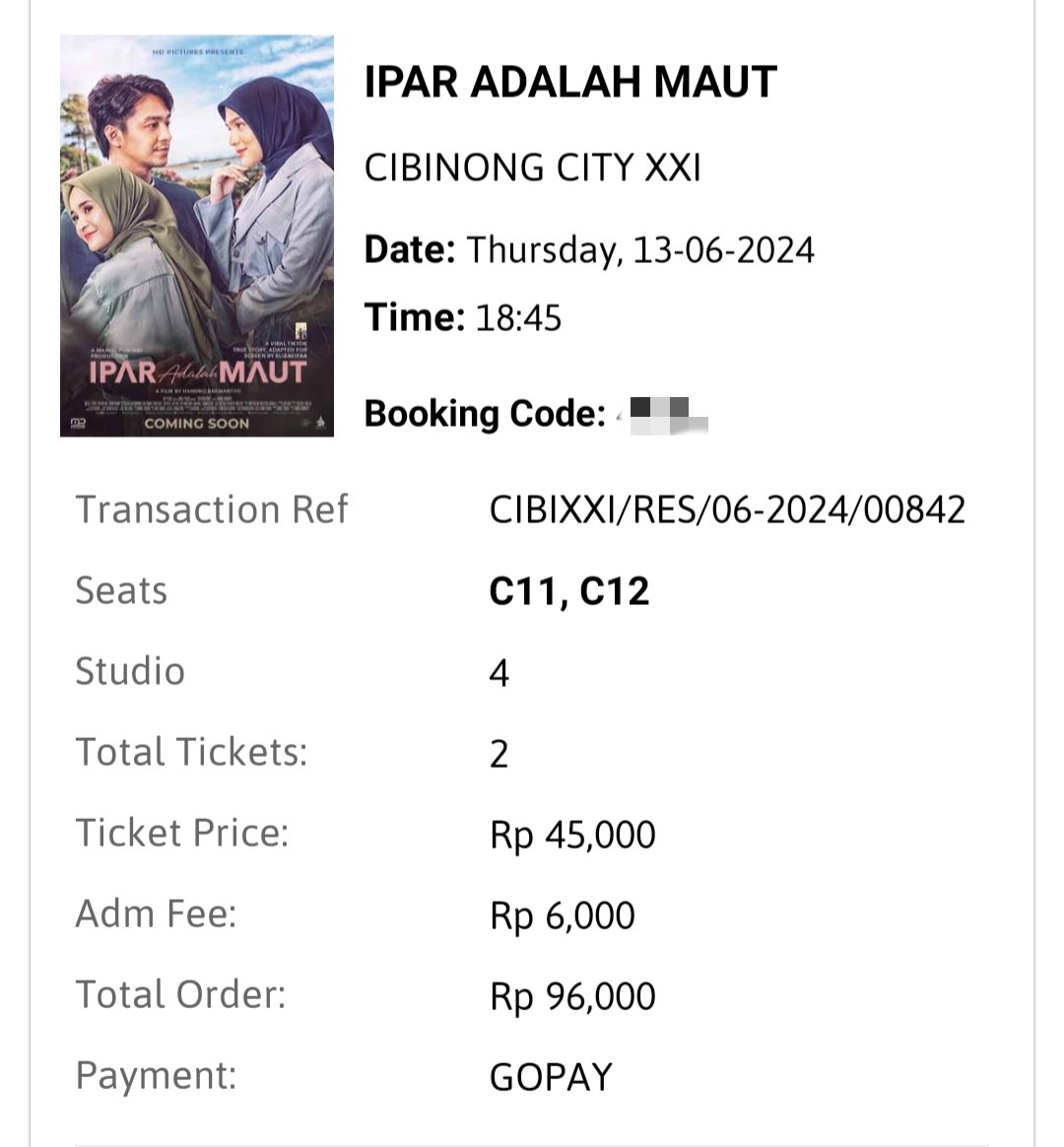 ayahgathan's tweet photo. WTS tiket Ipar Adalah Maut hari ini jam 18:45, dijual karena gak ada pasangan 😅.
Fee 50k aja untuk 2 tiket di Cibinong City Mall.
Siapa cepat dia dapat! https://t.co/7AoNH13l2E