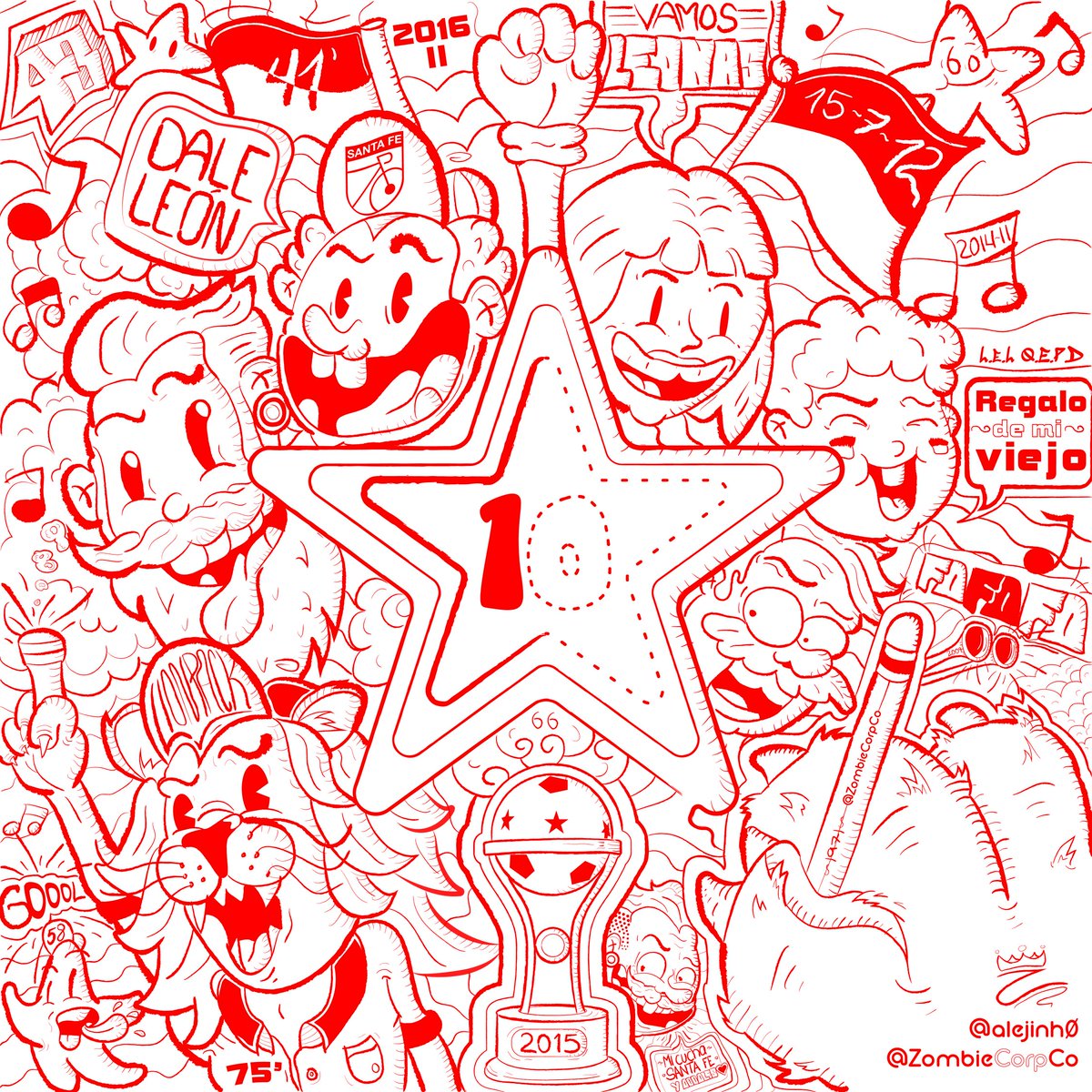 ZombieCorpCo's tweet photo. Completar la Décima ⭐ depende de cada León, en la cancha, en la tribuna y desde sus hogares, vamos por la remontada!Feliz de hacer mi primer #Doodle #Santafereño. ¿Puedes encontrar todas las referencias y los títulos de Liga y Copa Colombia? ♥️🧟‍♂️🤟 
#santafe https://t.co/6KiXXYMTiW