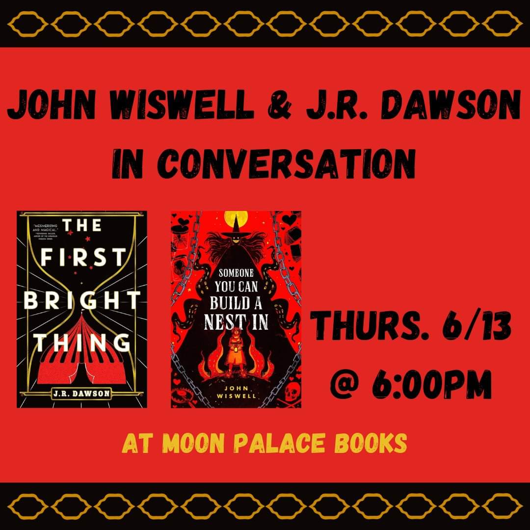 J.R. Dawson ✨⛴️ PREORDERS LIVE FOR LIGHTHOUSE 🍉 (@j_r_dawson) on Twitter photo Tomorrow is <a href="/Wiswell/">John Wiswell</a> and me chatting it up at <a href="/MoonPalaceBooks/">abolish the police</a> !!!!!! And our covers even match. Look at all that chaotic bard energy! Tomorrow is <a href="/Wiswell/">John Wiswell</a> and me chatting it up at <a href="/MoonPalaceBooks/">abolish the police</a> !!!!!! And our covers even match. Look at all that chaotic bard energy!