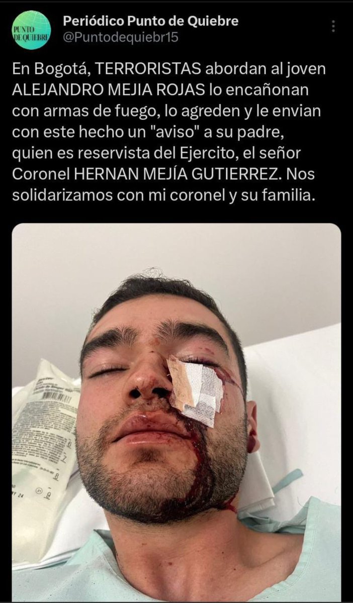 Me solidarizo con el <a href="/CoronelHMejia/">Coronel Hernán Mejía</a> y su hijo Hernán Mejía quien fue víctima de un ataque terrorista con amenazas a toda su familia. ¿Hasta cuando? Dios salve a Colombia 🇨🇴🙏