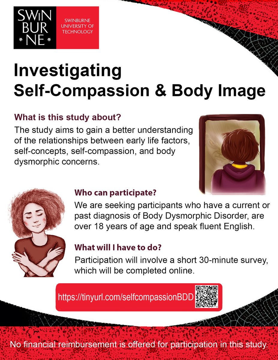 LOOKING FOR PARTICIPANTS in this 30-minute Honours project/survey on self-compassion and body dysmorphic concerns. Requirements are that you live in Australia, are over 18 years of age, and speak fluent English.  

Please RT to your networks.

tinyurl.com/selfcompassion…