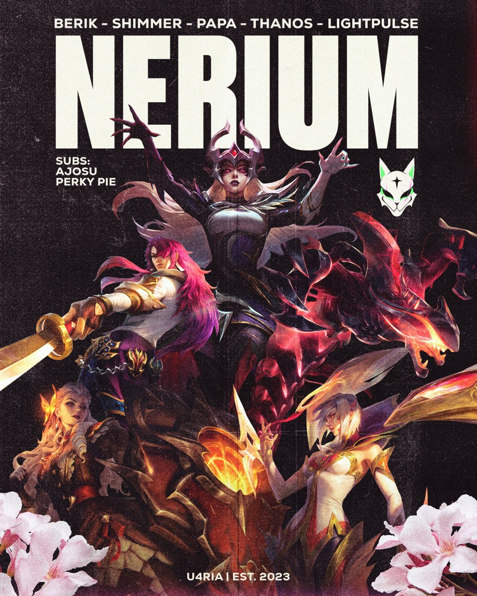 Right. On. Cue. We will be beautiful 🌹🎻 

Blooming with excellence, we're proud to announce U4RIA Nerium who will be competing in the upcoming 2024 NACLQ

🛡️: <a href="/berikeggie/">berik</a> 
🌿: <a href="/lolShimmer/">Shimmer</a> 
💥: @conveyinglol 
🏹: <a href="/1juicestain/">justin</a> 
💉: @LightpulseLol 
♻️: <a href="/AJOSUULOL/">Alex || AJOSU</a> <a href="/PerkyPieLOL/">Josh 효빈 Yoo</a>