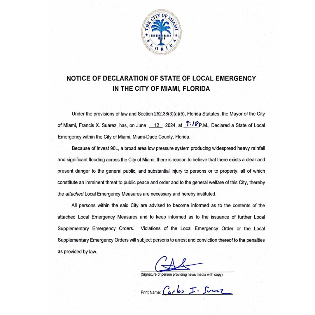 Today, Mayor  Francis X. Suarez has declared a State of Emergency for the City of Miami. <a href="/MiamiPD/">Miami PD</a> <a href="/CityofMiamiFire/">Miami Fire Rescue</a>