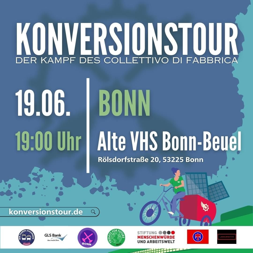 Am 19.6. stoppt die Konversionstour in Bonn, 19:00 Uhr <a href="/AlteVhs/">Alte VHS</a>.  Kathy Ziegler berichtet, wie die Klimagewerkschafter*innen Anteile an der Genossenschaft gezeichnet haben, es wird der Film "Lasst uns aufstehen" gezeigt (30 min) und  Lastenräder können Probe gefahren werden.
