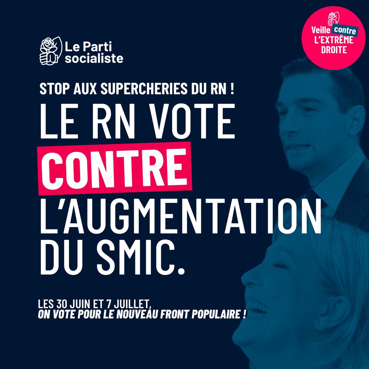 Continuons à démasquer la supercherie du #RN 🤥

En 2022 
❌69 des 70 députés RN présents ont voté CONTRE l’augmentation du SMIC proposée par la gauche 

Le 30 juin et le 7 juillet, choisissez !
#JeVoteFrontPopulaire