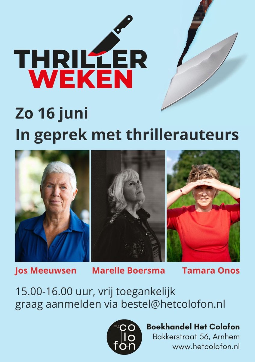 Zondag 16 juni komen drie thrillerauteurs naar Het Colofon voor een gesprek over dit spannende genre: hetcolofon.nl/index.php/podi…

<a href="/MarelleBoersma/">marelle boersma</a> <a href="/TamaraOnos/">Tamara Onos</a> <a href="/JosMeeuwsen/">Jos Meeuwsen</a>

#arnhem #ditisarnhem #citymarketingarnhem